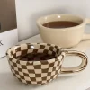A 300ml ceramic retro couple checkerboard grid small capacity milk white wind mug coffee cups - Image 4