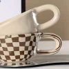 A 300ml ceramic retro couple checkerboard grid small capacity milk white wind mug coffee cups - Image 2